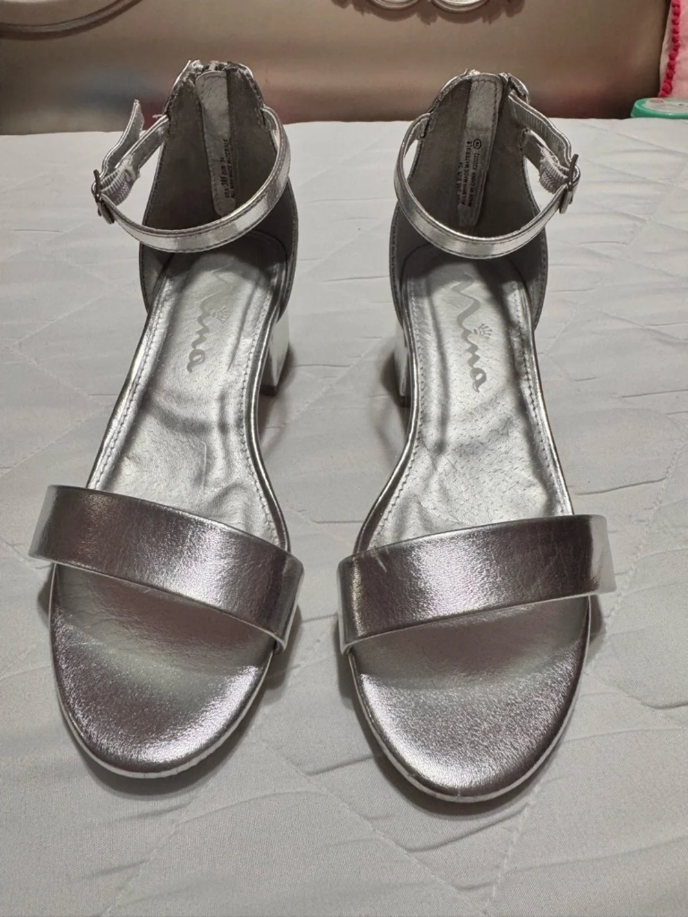 Silver Ankle-Strap Block Heel Sandals - girls size 3